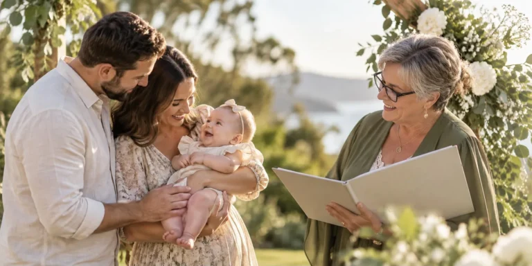 Parents holding their baby at an outdoor naming ceremony with a celebrant